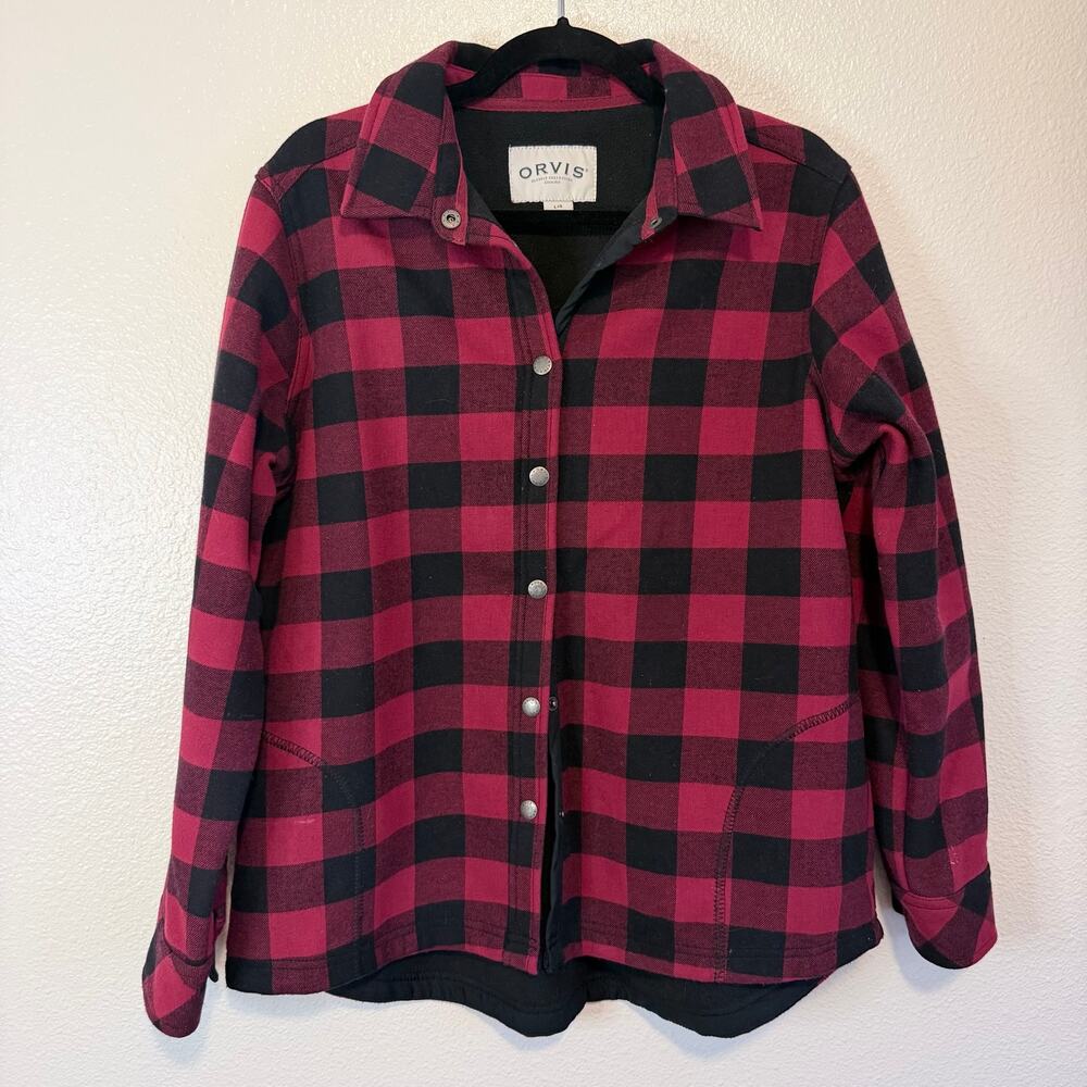 Orvis Women's Black and Red Buffalo Plaid Button Up Flannel Jacket Size Large